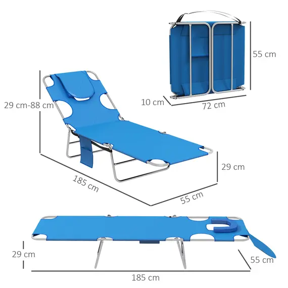 Buy Outsunny Foldable Sun Lounger Set of 2 with Reading Hole, Portable Sun Lounger with 5 Level Adjustable Backrest, Reclining Lounge Chair with Side Pocket, Headrest Pillow, Blue, 3 image