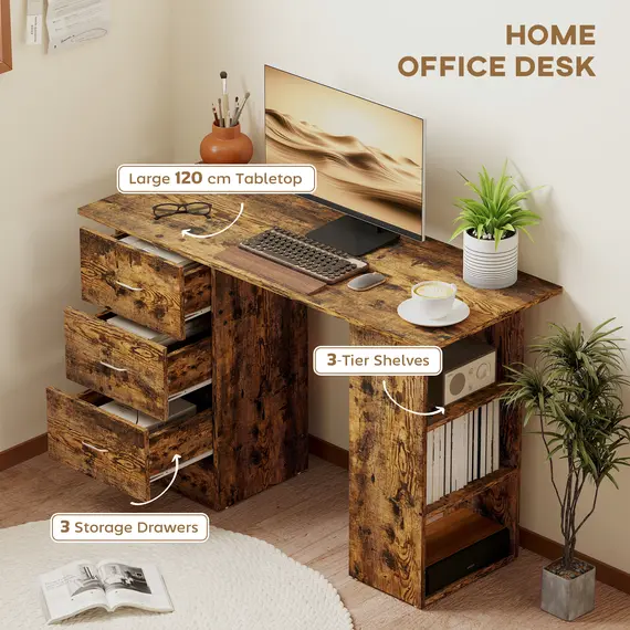 Buy Computer Desk with Drawers, Home Office Desk, Writing Table, PC Workstation with 3 Storage Shelves for Working, Study, 120 x 49 x 72 cm, Rustic Brown, 4 image