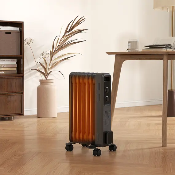 Buy 1500W Oil Filled Radiator, Portable Electric Heater with 3 Heat Settings, Safety Cut-Off and Wheels, Grey, 2 image