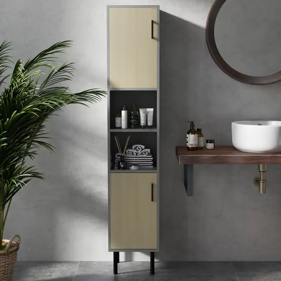 Buy Bathroom Furniture Set with Doors, Tall Bathroom Cabinet with Adjustable Shelves, Under Sink Cabinet, Grey, 8 image