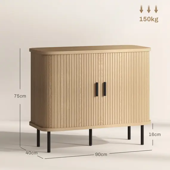 Buy Mid-Century Modern Sideboard Storage Cabinet with Slatted Tambour Sliding Doors, Kitchen Cabinet with Steel Legs, Oak Tone, 3 image