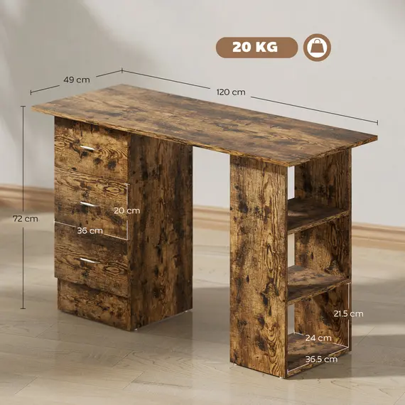 Buy Computer Desk with Drawers, Home Office Desk, Writing Table, PC Workstation with 3 Storage Shelves for Working, Study, 120 x 49 x 72 cm, Rustic Brown, 3 image