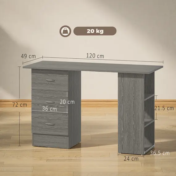 Buy Computer Desk with Drawers, Home Office Desk, Writing Table, PC Workstation with 3 Storage Shelves for Working, Study, 120 x 49 x 72 cm, Grey, 3 image