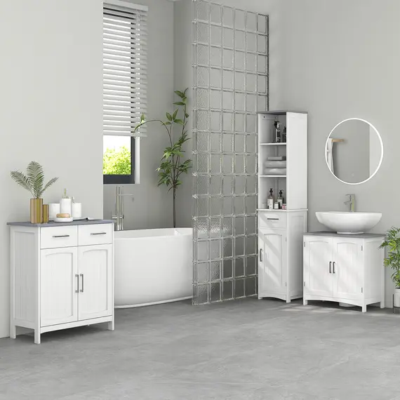 Buy Bathroom Furniture Set with Adjustable Shelves, Tall Bathroom Storage Cabinet with Open Shelves, Bathroom Floor Cabinet with Drawers, Pedestal Sink Cabinet, White, 2 image