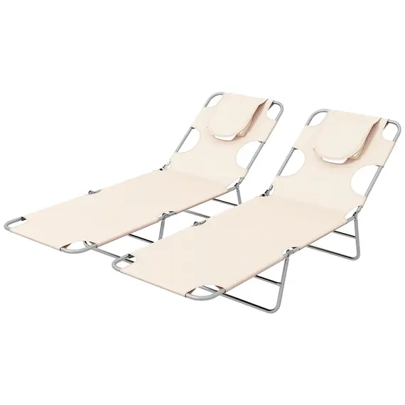 Buy Outsunny Foldable Sun Lounger Set of 2, Beach Chaise Lounges with Reading Hole, Arm Slots, 5-Position Adjustable Backrest, Side Pocket, Pillow for Patio, Garden, Beach, Pool, Beige