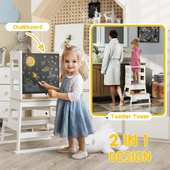 Buy 2-in-1 Toddler Tower with Chalkboard, Safety Rail for Kitchen, Counter, Bathroom, Sink, White, 5 image