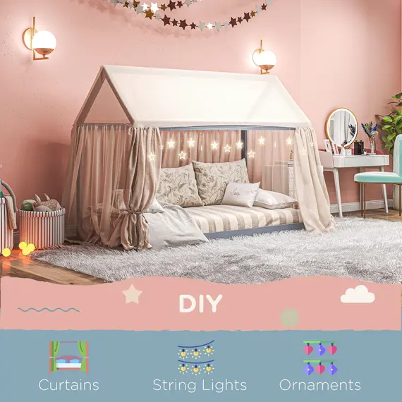 Buy Single Bed Frame, House Scandinavian Style Wooden Bed Frame for 90W x 190Dcm Mattress, Pine Wood Bed Base, Grey, 5 image