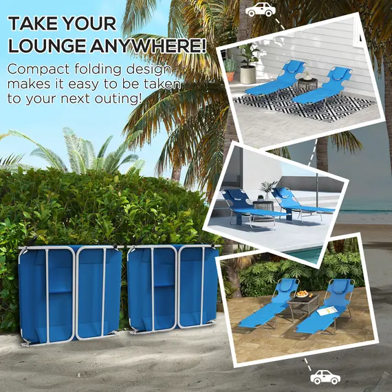 Buy Outsunny Foldable Sun Lounger Set of 2 with Reading Hole, Portable Sun Lounger with 5 Level Adjustable Backrest, Reclining Lounge Chair with Side Pocket, Headrest Pillow, Blue, 6 image