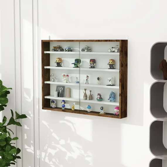 Buy 5-Tier Wall Display Shelf Unit Cabinet w/ 4 Adjustable Shelves Glass Doors Home Office Ornaments 60x80cm Rustic brown, 7 image