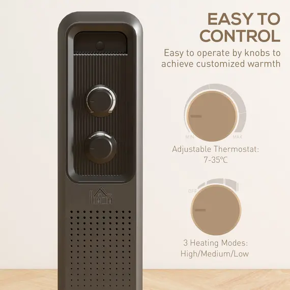 Buy 1500W Oil Filled Radiator, Portable Electric Heater with 3 Heat Settings, Safety Cut-Off and Wheels, Grey, 6 image