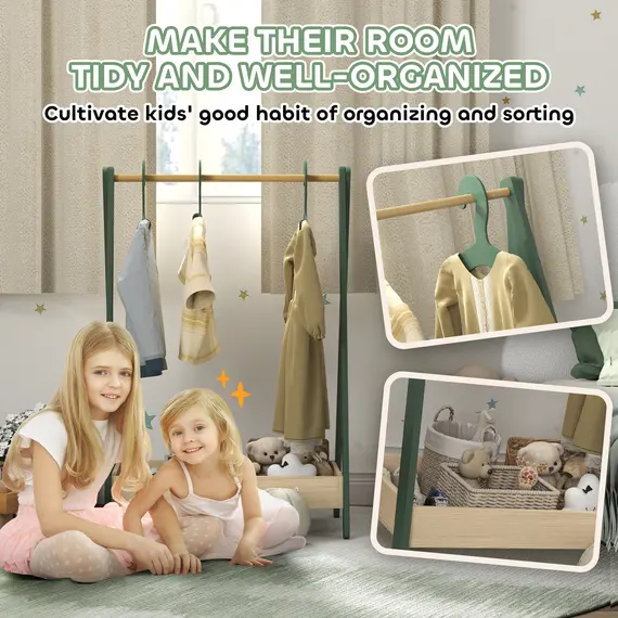 Buy Kids Clothes Rail with 3Hangers, Bottom Storage Shelf for Girls, Boys, Nursery, Bedroom, Green, 6 image