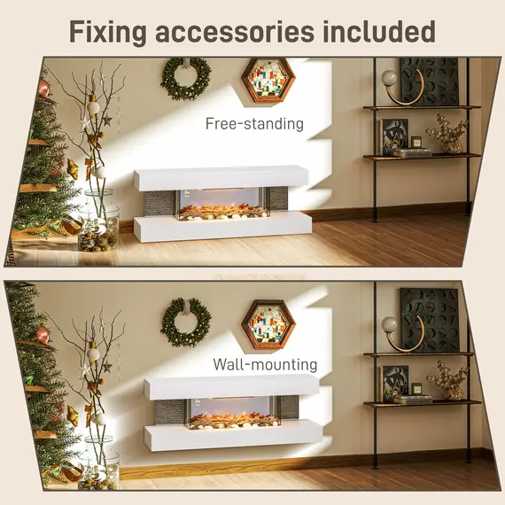 Buy HOMCOM 47inch / 120cm Electric Fireplace Wall Mounted, Freestanding, Glass Electric Fire Suite with Mantel, Adjustable LED Flame Effect and Temperature, Log, Pebble, Remote Control, 2000W, White, 8 image