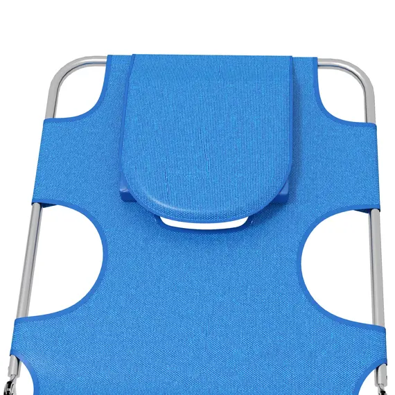 Buy Outsunny Foldable Sun Lounger Set of 2 with Reading Hole, Portable Sun Lounger with 5 Level Adjustable Backrest, Reclining Lounge Chair with Side Pocket, Headrest Pillow, Blue, 9 image