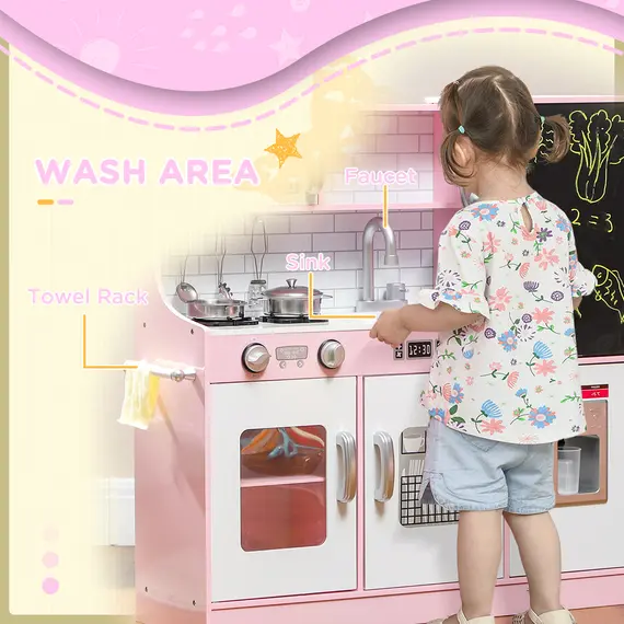 Buy Pretend Play Kitchen, Kids Kitchen Playset w/ Toy Phone, Chalkboard, Microwave, Cooking Stove, Sink, 6 image