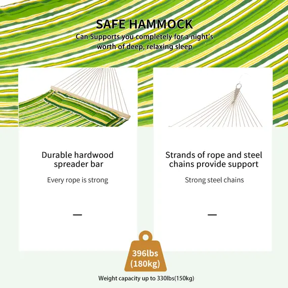 Buy Outdoor Garden Hammock with Stand, Double Cotton Hammock with Adjustable Steel Frame, Swing Hanging Bed with Pillow, for Garden, Patio, Beach, Green Stripes, 4 image