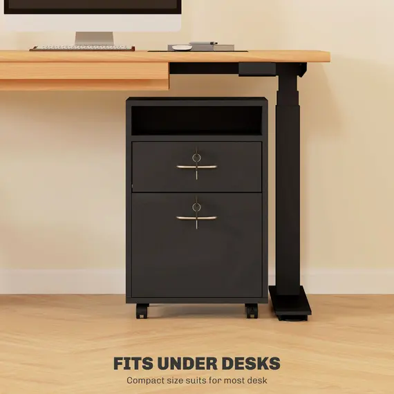 Buy HOMCOM Filing Cabinet, Mobile File Cabinet with 2 Lockable Drawers, Office Home Organiser on Wheels for A4, Letter-Size File Folders, Mobile Printer with Open Shelf, Black, 5 image