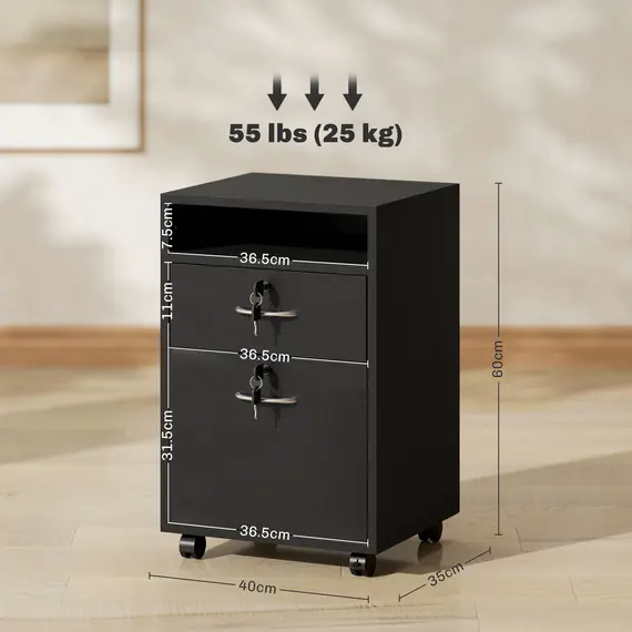 Buy HOMCOM Filing Cabinet, Mobile File Cabinet with 2 Lockable Drawers, Office Home Organiser on Wheels for A4, Letter-Size File Folders, Mobile Printer with Open Shelf, Black, 3 image