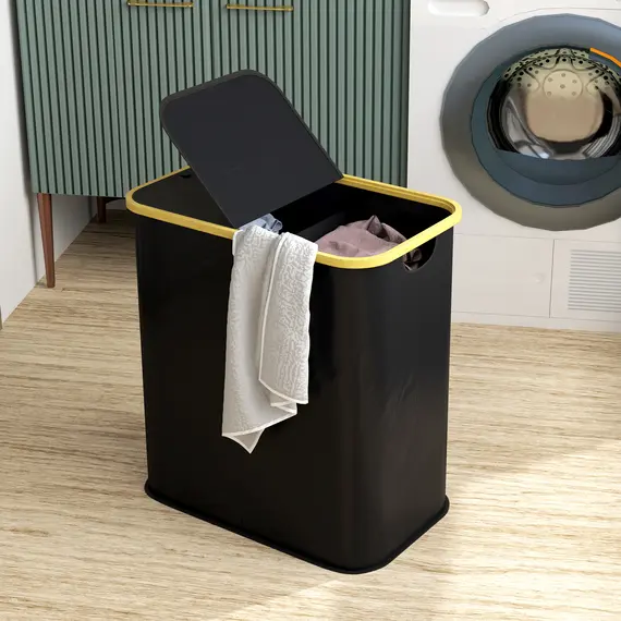 Buy Double Laundry Basket With Lid, 80L Collapsible Laundry Hamper with Groove Handles, Washing Basket for Bathroom, Bedroom, Laundry Room, Black, 7 image