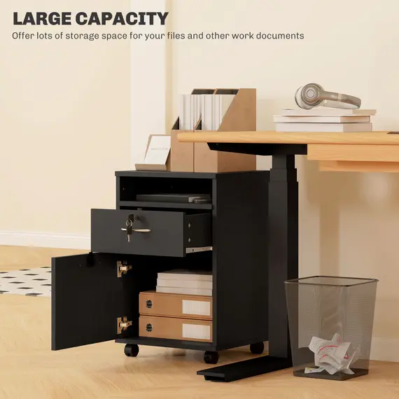 Buy HOMCOM Filing Cabinet, Mobile File Cabinet with 2 Lockable Drawers, Office Home Organiser on Wheels for A4, Letter-Size File Folders, Mobile Printer with Open Shelf, Black, 4 image
