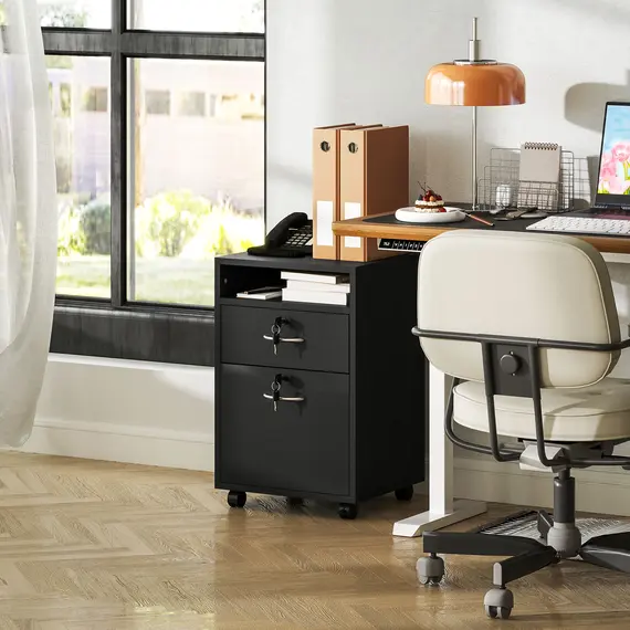 Buy HOMCOM Filing Cabinet, Mobile File Cabinet with 2 Lockable Drawers, Office Home Organiser on Wheels for A4, Letter-Size File Folders, Mobile Printer with Open Shelf, Black, 9 image