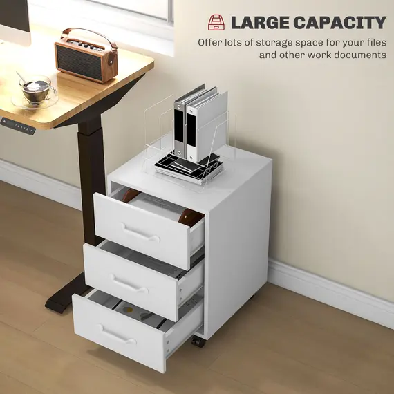 Buy HOMCOM 3 Drawer File Cabinet, Mobile Filing Cabinet on Wheels for Home Office, Study, White, 4 image