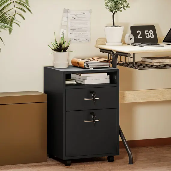 Buy HOMCOM Filing Cabinet, Mobile File Cabinet with 2 Lockable Drawers, Office Home Organiser on Wheels for A4, Letter-Size File Folders, Mobile Printer with Open Shelf, Black, 2 image