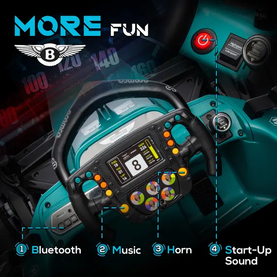 Buy Aston Martin Licensed 12V Kids Ride on Racing Kart w/ Bluetooth, 4 Suspension Wheels, Music Lights Horn, Green, 7 image