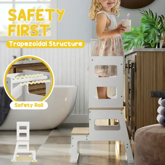 Buy 2-in-1 Toddler Tower with Chalkboard, Safety Rail for Kitchen, Counter, Bathroom, Sink, White, 6 image
