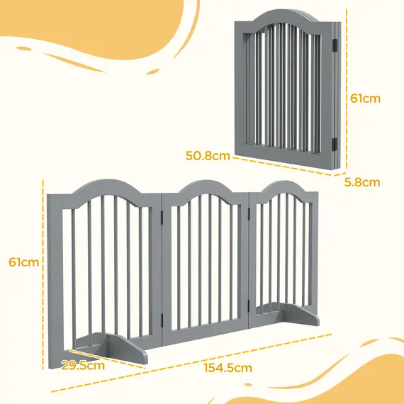Buy PawHut 3 Panels Dog Gate w/ Support Feet Fence Safety Barrier Freestanding Wood Light Grey, 3 image