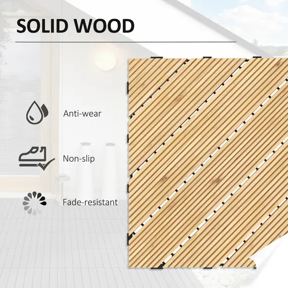 Buy 27 Pcs Wooden Interlocking Decking Tiles, 30 x 30 cm Anti-slip Outdoor Flooring Tiles, 0.81㎡ per Pack, All Weather Use for Patio, Balcony, Terrace, Hot Tub, Yellow, 4 image