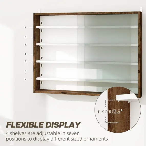 Buy 5-Tier Wall Display Shelf Unit Cabinet w/ 4 Adjustable Shelves Glass Doors Home Office Ornaments 60x80cm Rustic brown, 4 image