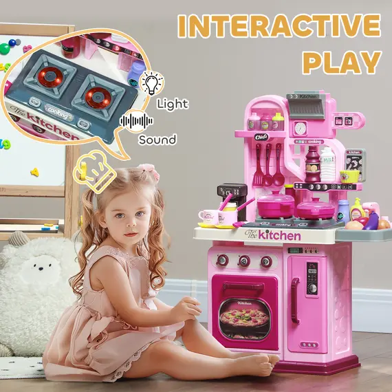 Buy Kids Kitchen with 33 Pieces, Lights, Sounds, Storage, for Ages 3-6 Years, Pink, 4 image