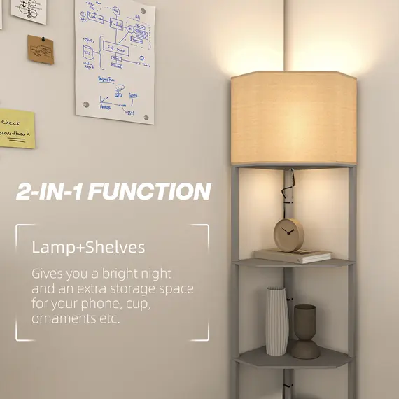 Buy Corner Floor Lamp with Shelves, Tall Standing Lamps for Living Room, with Pull Chain Switch Bulb not Included, Grey, 4 image