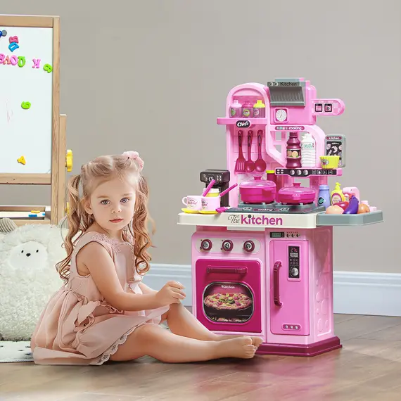 Buy Kids Kitchen with 33 Pieces, Lights, Sounds, Storage, for Ages 3-6 Years, Pink, 2 image