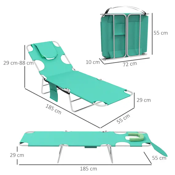 Buy Outsunny Foldable Sun Lounger Set of 2 with Reading Hole, Portable Sun Lounger with 5 Level Adjustable Backrest, Reclining Lounge Chair with Side Pocket, Headrest Pillow, Green, 3 image
