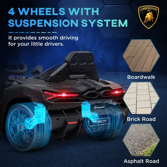 Buy Lamborghini Revuelto Licensed 12V Ride on Car w/ Butterfly Doors, Transport Wheels, Suspension, Remote Control, Black, 6 image