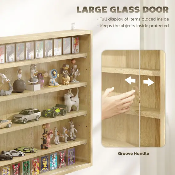 Buy 5-Tier Wall Display Shelf Unit Cabinet w/ 4 Adjustable Shelves Glass Doors Home Office Ornaments 60x80cm Oak, 5 image