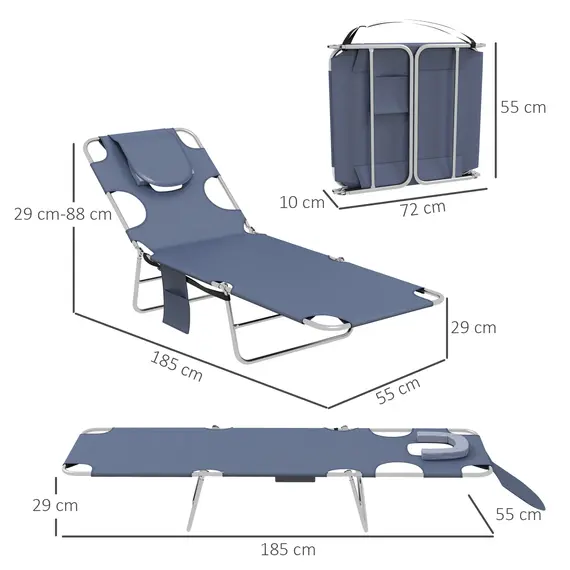 Buy Outsunny Foldable Sun Lounger Set of 2 with Reading Hole, Portable Sun Lounger with 5 Level Adjustable Backrest, Reclining Lounge Chair with Side Pocket, Headrest Pillow, Grey, 3 image