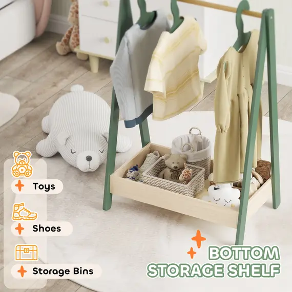 Buy Kids Clothes Rail with 3Hangers, Bottom Storage Shelf for Girls, Boys, Nursery, Bedroom, Green, 5 image