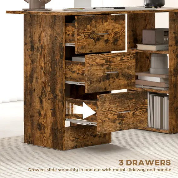Buy Computer Desk with Drawers, Home Office Desk, Writing Table, PC Workstation with 3 Storage Shelves for Working, Study, 120 x 49 x 72 cm, Rustic Brown, 5 image