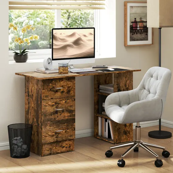 Buy Computer Desk with Drawers, Home Office Desk, Writing Table, PC Workstation with 3 Storage Shelves for Working, Study, 120 x 49 x 72 cm, Rustic Brown, 2 image