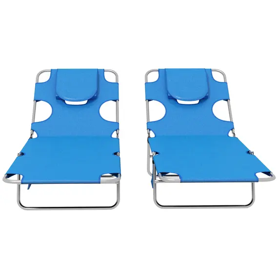 Buy Outsunny Foldable Sun Lounger Set of 2 with Reading Hole, Portable Sun Lounger with 5 Level Adjustable Backrest, Reclining Lounge Chair with Side Pocket, Headrest Pillow, Blue, 8 image