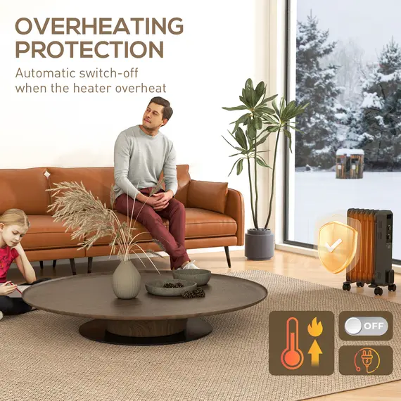Buy 1500W Oil Filled Radiator, Portable Electric Heater with 3 Heat Settings, Safety Cut-Off and Wheels, Grey, 4 image
