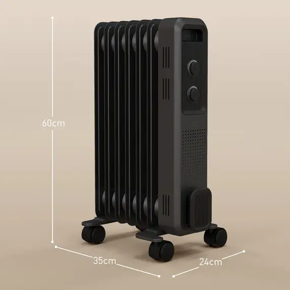 Buy 1500W Oil Filled Radiator, Portable Electric Heater with 3 Heat Settings, Safety Cut-Off and Wheels, Grey, 3 image