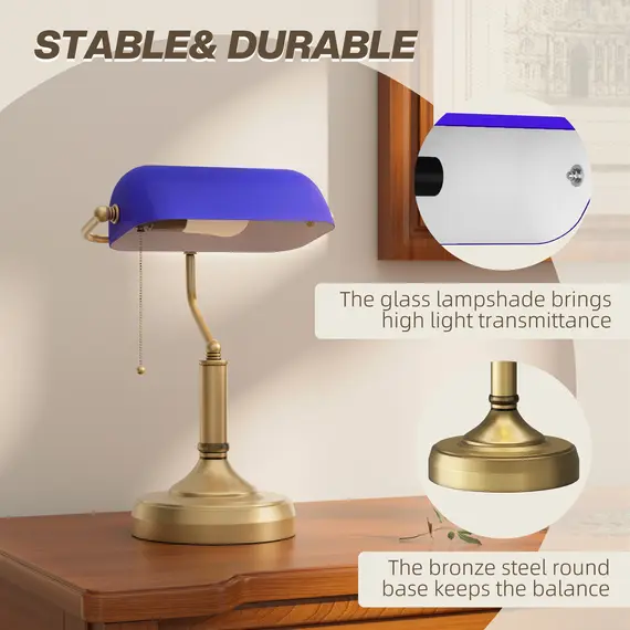 Buy Banker's Desk Lamp with Antique Bronze Tone Base, Table Lamp with Blue Glass Shade for Home Office, Blue, 5 image