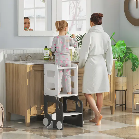 Buy Toddler Step Stool, 4 in 1 Standing Tower, Foldable Toddler Step with Safety Rail, for Kitchen, Bathroom, Grey, 2 image
