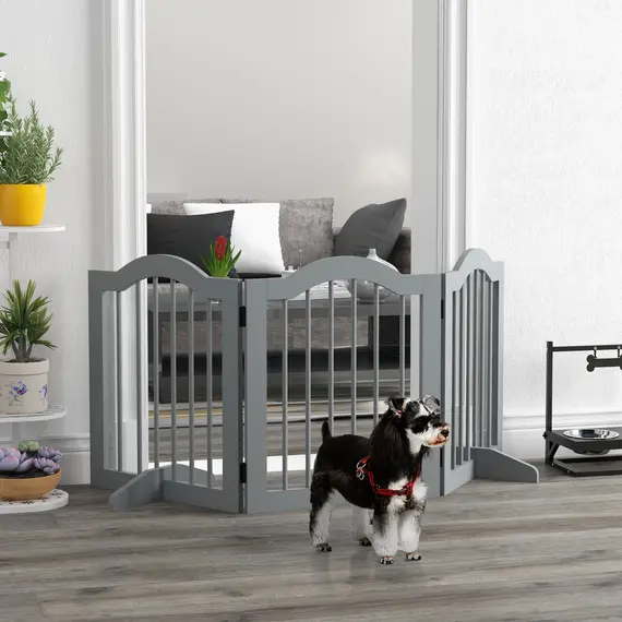 Buy PawHut 3 Panels Dog Gate w/ Support Feet Fence Safety Barrier Freestanding Wood Light Grey, 2 image