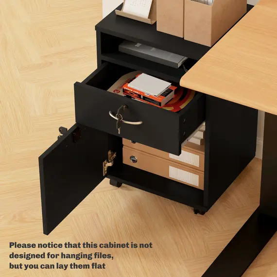 Buy HOMCOM Filing Cabinet, Mobile File Cabinet with 2 Lockable Drawers, Office Home Organiser on Wheels for A4, Letter-Size File Folders, Mobile Printer with Open Shelf, Black, 8 image