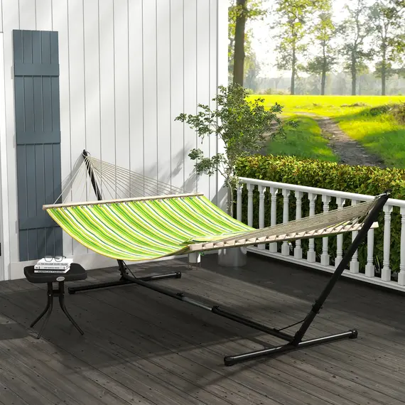 Buy Outdoor Garden Hammock with Stand, Double Cotton Hammock with Adjustable Steel Frame, Swing Hanging Bed with Pillow, for Garden, Patio, Beach, Green Stripes, 2 image