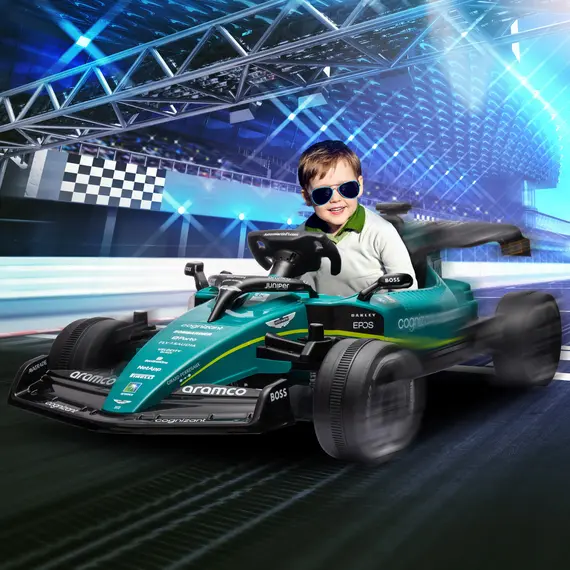 Buy Aston Martin Licensed 12V Kids Ride on Racing Kart w/ Bluetooth, 4 Suspension Wheels, Music Lights Horn, Green, 2 image